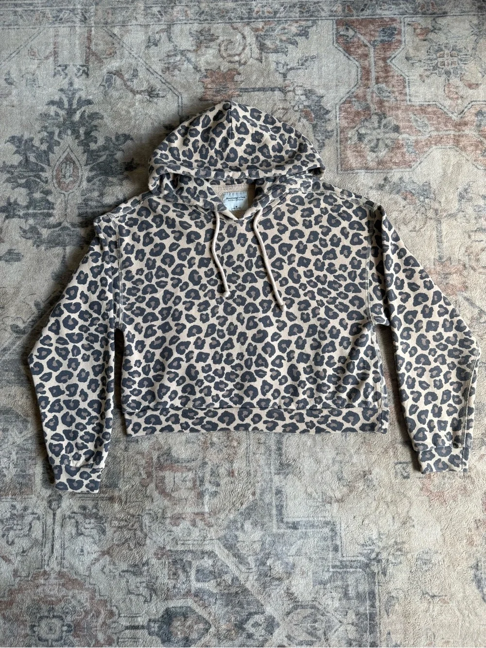 Abercrombie & Fitch Leopard Print Cropped Hoodie - Taupe & Black - Picture 2 of 7
